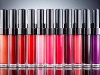 Obraz premium Vibrant liquid lipstick colors in a row, showcasing a diverse range of shades from bold reds to pastel pinks, with sleek and modern packaging.