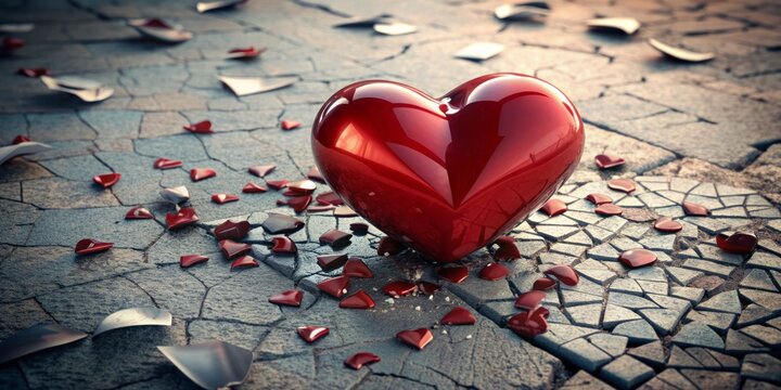 A 3D torn and broken heart lies shattered on the ground, Its fragments scattered around, symbolizing the painful aftermath of a lost love or relationship.