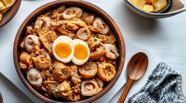 Traditional Chinese food Luo Ji. Braised pork intestines with a savory sauce, garnished with soft-boiled eggs. Served with white rice and fried dough pieces.