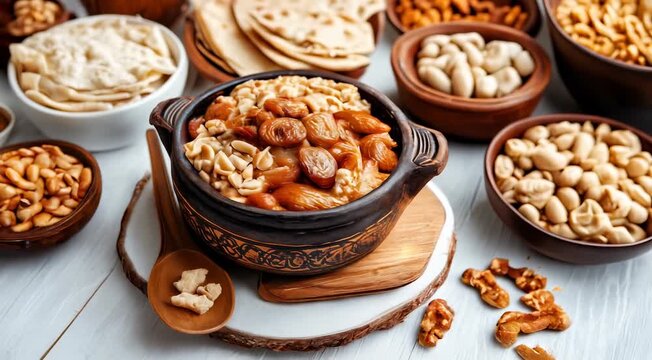 Traditional Afghan food Haft Mewa, presented with a mixture of dried fruits and nuts, surrounded by various nuts and flatbreads.