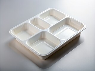 Empty white plastic meal tray with compartments for food and drink, photographed on a plain background with soft lighting and shallow depth of field.