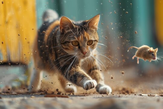 A Feline's Fury: Barn Cat Chasing Mouse