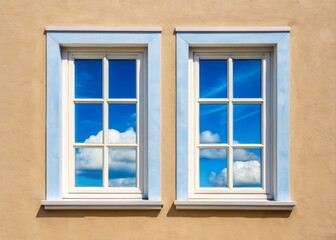 Symmetrical double window with white frames and transparent glass panes reflecting a serene blue sky, set against a creamy stucco exterior wall backdrop.