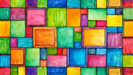 Vibrant hand-drawn squares in various sizes and colors overlap and intersect, creating a playful and abstract geometric background with a creative, DIY aesthetic.