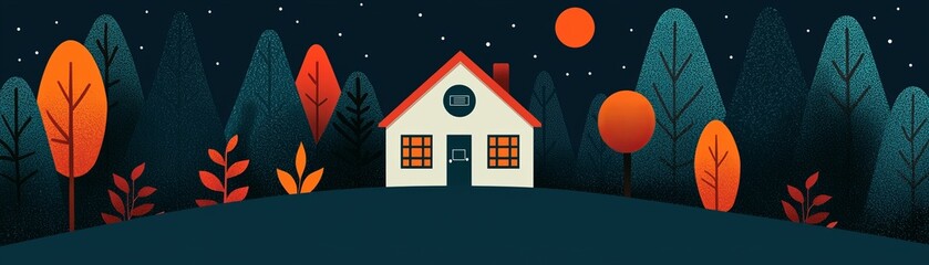 Naklejka premium A cozy house surrounded by colorful trees under a starry night sky. Perfect for autumn-themed designs and illustrations.