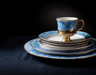 Vajilla vintage de distintos estilos , fondo negro 