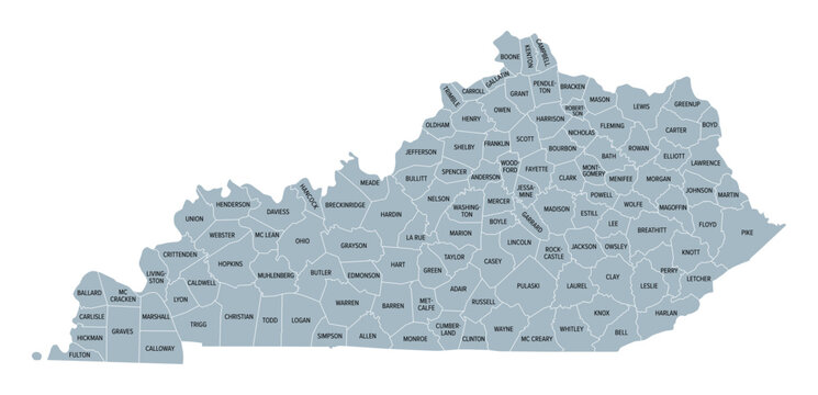 Kentucky, U.S. state subdivided into 120 counties, gray political map with borders and county names. Commonwealth of Kentucky, a state in the Southeastern Region of USA, nicknamed The Bluegrass State.