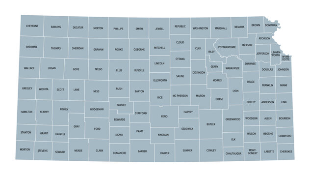 Kansas, U.S. state subdivided into 105 counties, gray political map with borders and county names. State in the Midwestern region of United States, nicknamed The Sunflower State, and The Wheat State.