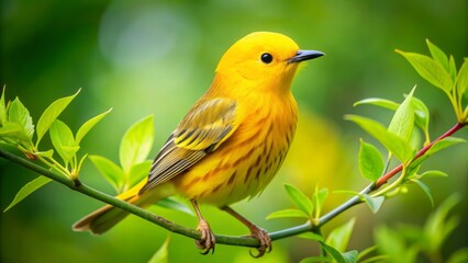Obraz premium Vibrant yellow warbler perches on a delicate branch, showcasing bright plumage and distinctive songbird features amidst lush green foliage in a serene natural setting.