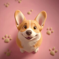 Obraz premium Happy corgi dog with playful expression on a pink background, surrounded by cute paw prints, perfect for pet-themed designs.