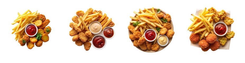 Fast Food French Fries and Chicken Nuggets with Sauce Isolated for Design
