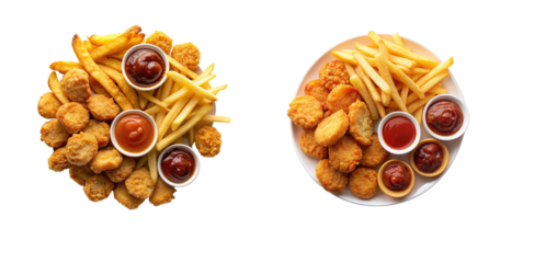 Fast Food French Fries and Chicken Nuggets with Sauce Isolated for Design