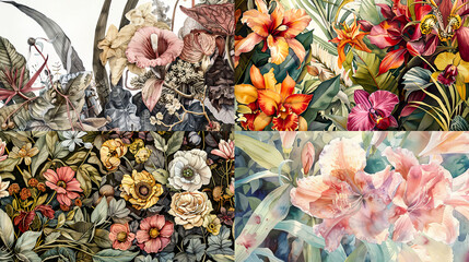 Botanical illustrations in watercolor glazing, intricate details, and natural colors