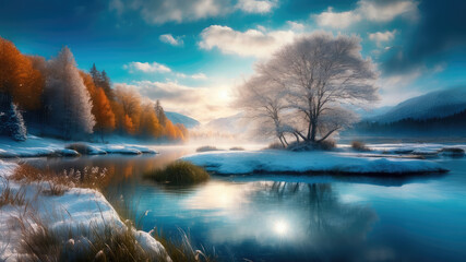 Luminous Dawn Over a Frosted Lakeside Eden