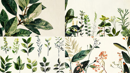 Botanical illustrations on watercolor textured paper, detailed leaves, and natural colors