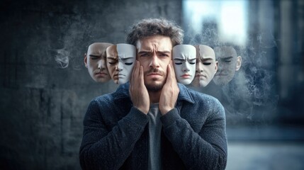Role selection: person examines masks emotions, assessing which expression best fits their current psychological state, struggle between true self, adopted facades in different social contexts.