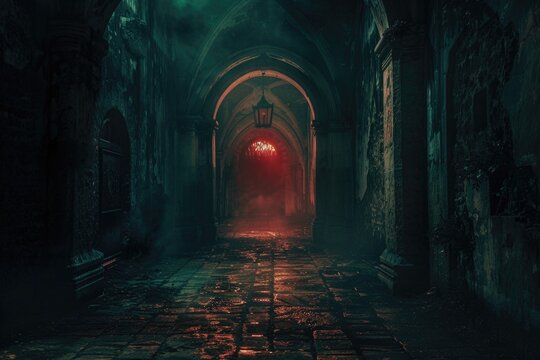 A dimly lit hallway with a single red glow at the end, suggesting secrecy or warning