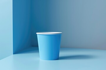 A simple blue cup resting on a table, suitable for use in various still life compositions or as a prop in product photography