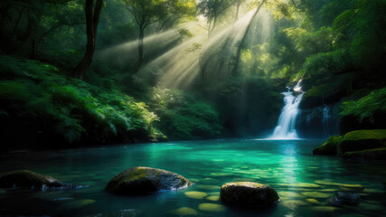 Emerald Tranquility: The Forest's Whispering Waterfall