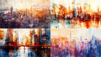 Dynamic perspectives of city skylines in watercolor, with layered washes that blend warm and cool tones to capture the vibrancy of urban landscapes