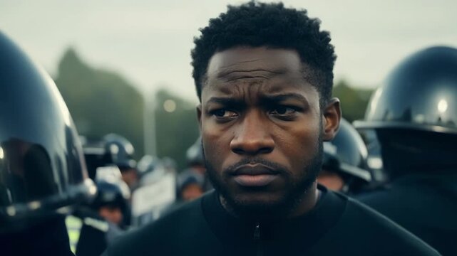 A closeup of a protesters unflinching stare as they face off against a wall of police shields their courage inspiring those around them.