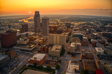 Aerial View of the Omaha, Nebraska Skyline at Dusk