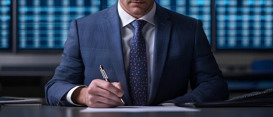 A businessman in a suit is writing notes at a desk, focused on his work in a modern office environment.