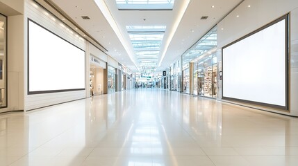 Fototapeta premium Empty Corridor in a Modern Shopping Mall with Blank Advertisement Displays