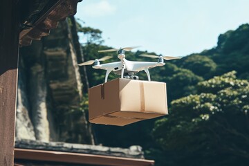 Drone delivering a package to a remote location with copy space Natural light Rural background