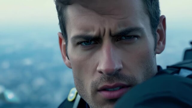 A tight view of a stunt performers stern expression as they prepare to jump off a tall building aided only by a small parachute.