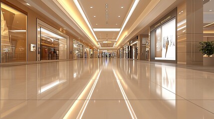 Empty, Modern Shopping Mall Corridor with Polished Tile Floor