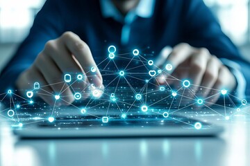 A professional connecting digital nodes, showcasing innovation in technology and network collaboration.