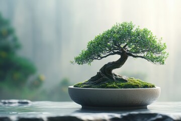 Harmony in Miniature: Japanese Bonsai Tree Symbolizing the Fusion of Nature and Cultivation in Abstract Surreal Setting