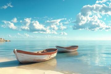 Naklejka premium Serenity of Japanese Coastal Life: Tranquil Beach with Traditional Fishing Boats and Clear Horizon in Abstract Surreal Setting