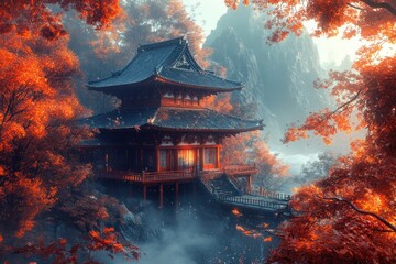 Fototapeta premium Tranquil Japanese Temple Surrounded by Autumn Foliage: A Seasonal Burst of Spiritual Beauty