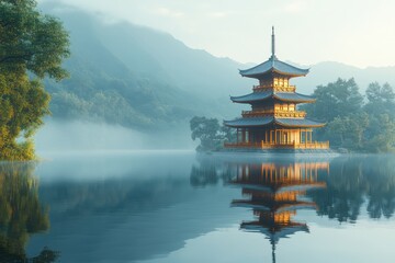Obraz premium Tranquil Harmony - Japanese Pagoda Reflecting in Still Waters, Blending Architecture and Nature in Abstract Surreal Creativity