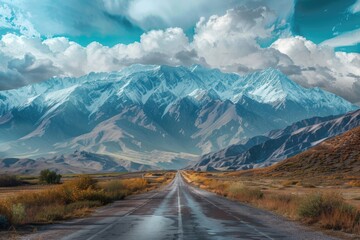A scenic view of a dirt road winding through a mountain range, ideal for use as a backdrop or to convey a sense of adventure