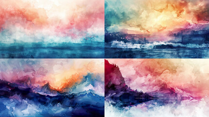 Dynamic watercolor washes of misty shores, rich and bold colors, seamless transitions, energetic backgrounds 