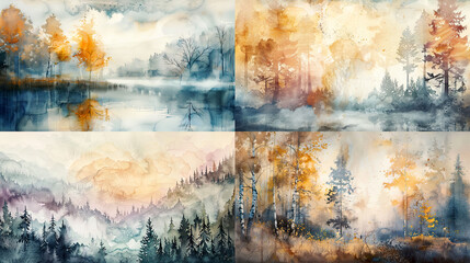 Ethereal atmospheres in watercolor, featuring layered washes that capture the essence of different seasons and the transitions between them