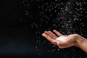 A close-up of a person's hand covered in white powder, likely used for creative purposes