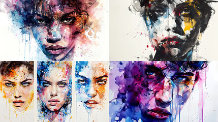 Expressive portraits with dynamic watercolor splashes, capturing individual personalities and emotions