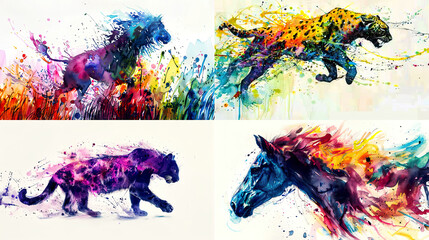 Expressive watercolor splashes, vibrant hues, creating energetic animal silhouettes