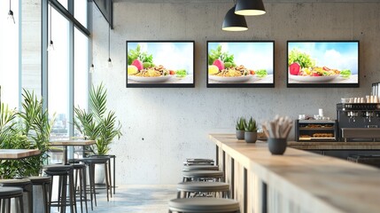 Blank mock up for menu board display screen, for restaurant cafe food business. Warm cozy atmosphere
