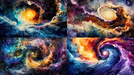 Galactic scene with watercolor salt texture, cosmic swirls, and vibrant nebulae 