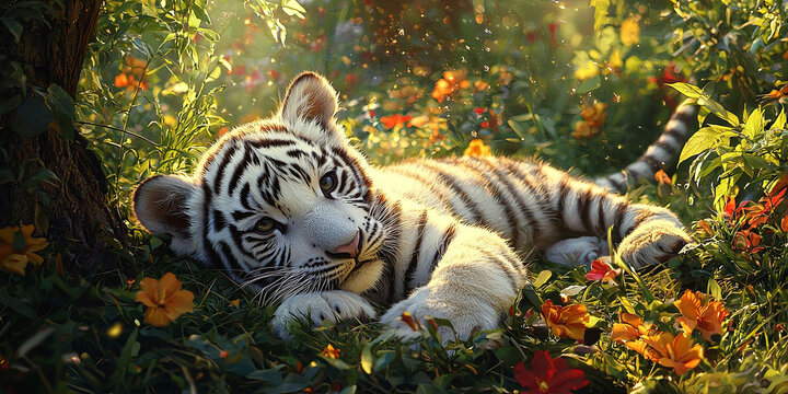 A white tiger cub is lying in the grass, generative AI