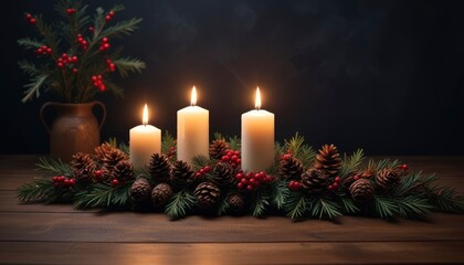 dark Christmas decoration background featuring a wooden table with scattered pine cones, holly leaves, and flickering candlelight, with ample copy space for greetings card text, ai