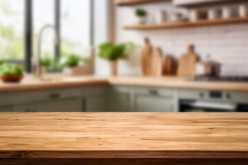 Kitchen wood table top for product display with blurred modern interior. Wooden tabletop over defocused kitchen background. kitchen furniture and desk space. product promotion in the kitchen