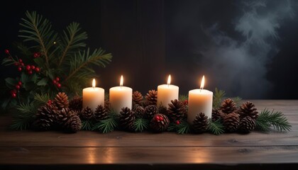 dark Christmas decoration background featuring a wooden table with scattered pine cones, holly leaves, and flickering candlelight, with ample copy space for greetings card text, ai