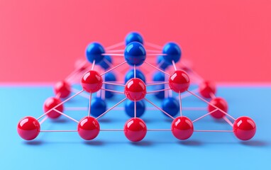 Obraz premium Colorful model representing atomic structure, showcasing red and blue spheres connected by lines in vibrant background.