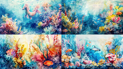 Marine life portrayed in watercolor, featuring layered washes that capture the vibrant colors and textures of underwater ecosystems